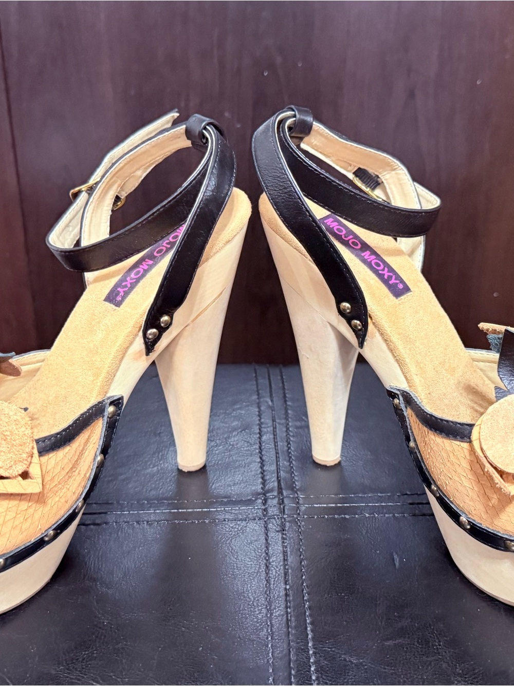 Mojo Moxy Black & Tan Platform Sandals with Ankle Strap